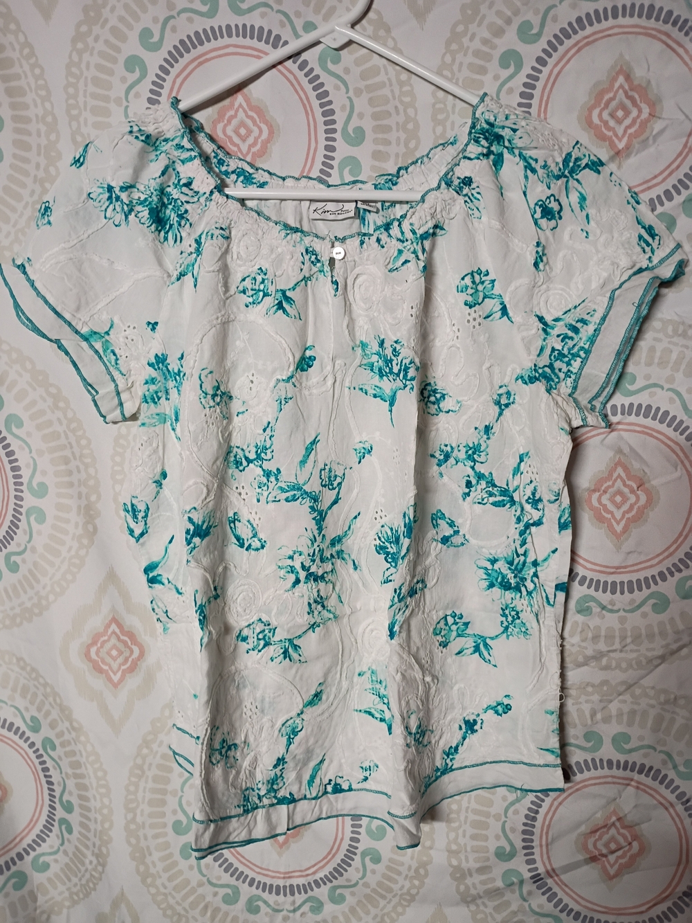 Kim Rogers White Blouse with Teal Floral Print